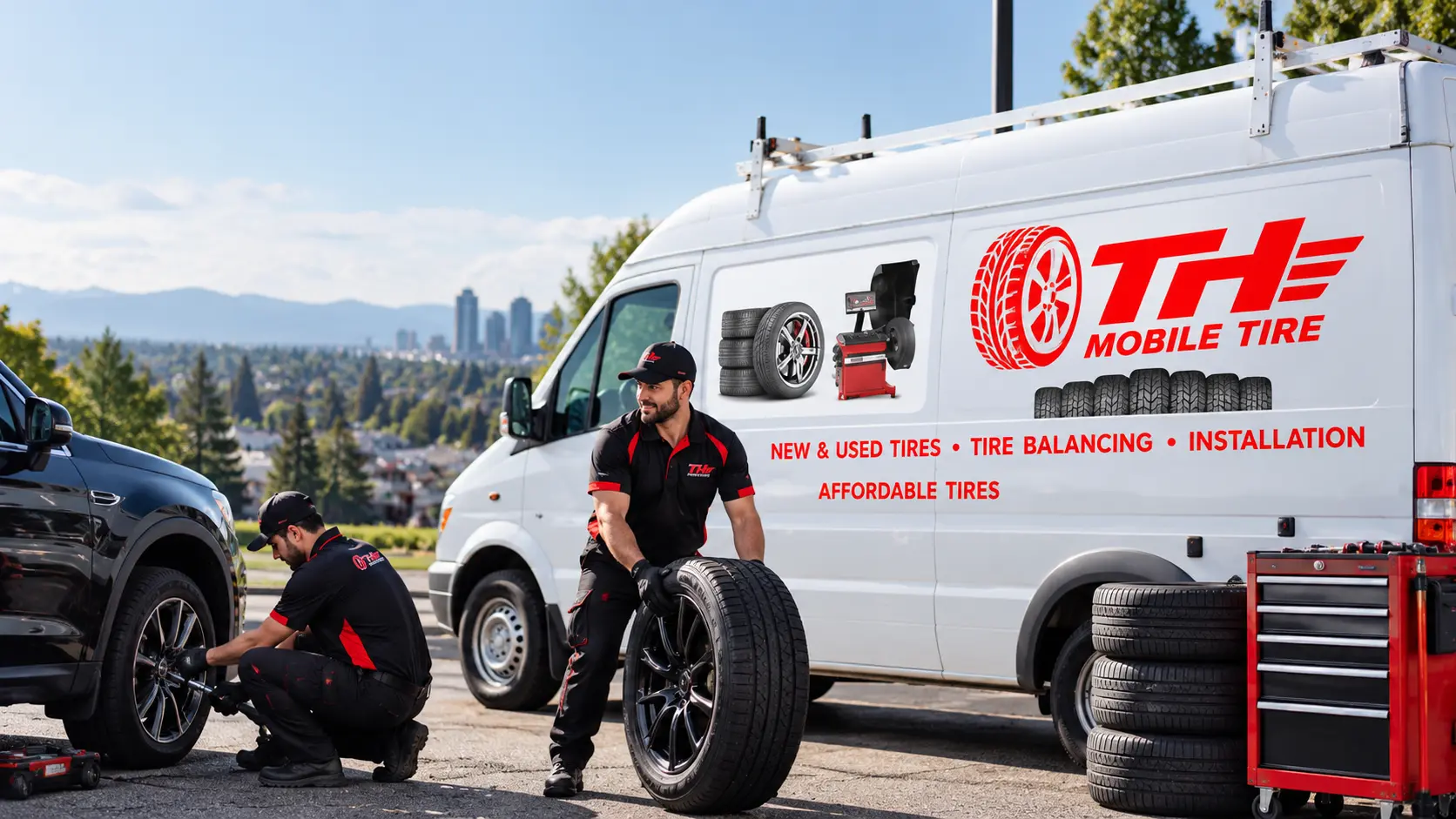 TH Mobile Tire technicians changing tires beside the company van in Surrey, BC