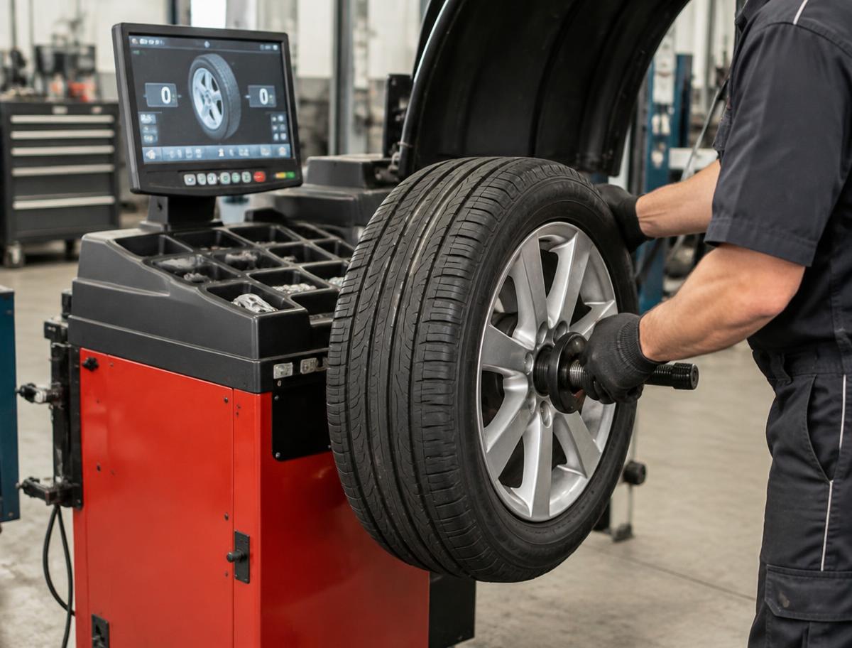 Wheel balancing machine in use