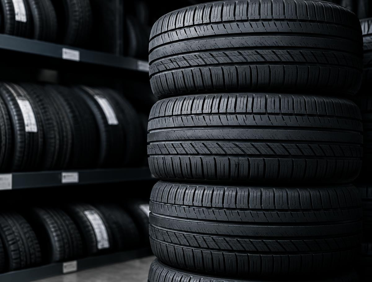 New tires stacked in a tire store