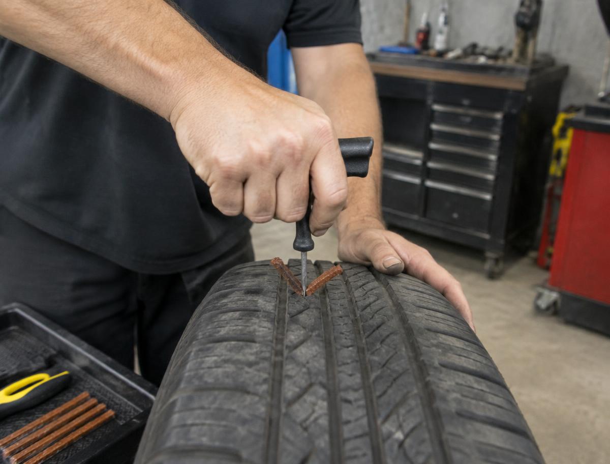 Technician repairing a tire puncture
