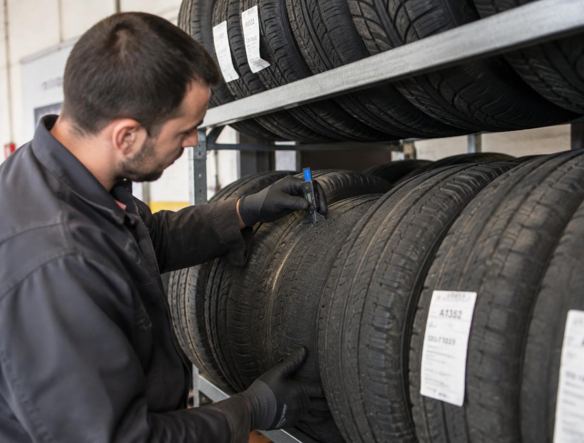 Technician checking tread depth on used tires